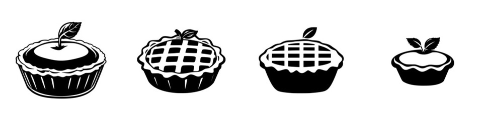 Black icon set featuring various pie designs with apples and leaves in a minimalist style