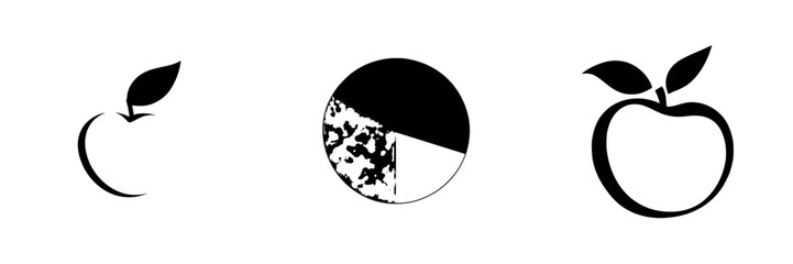 Flat black icons of stylized apples showcasing various designs and shapes in minimalistic style