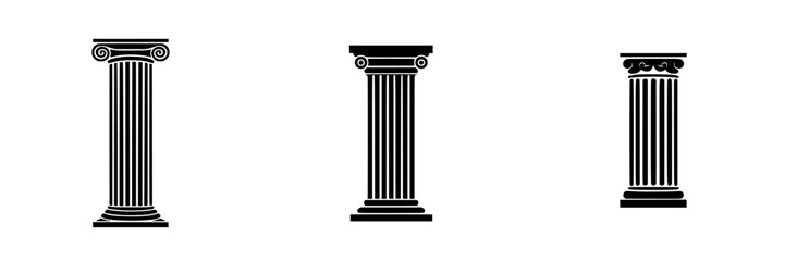 Obraz premium Three flat black icon representations of classical columns used in ancient architecture showcasing various styles and designs
