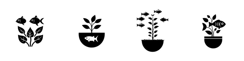 Flat black icons depicting plants and fish in various arrangements showcasing the concept of aquaponics in a minimalist style