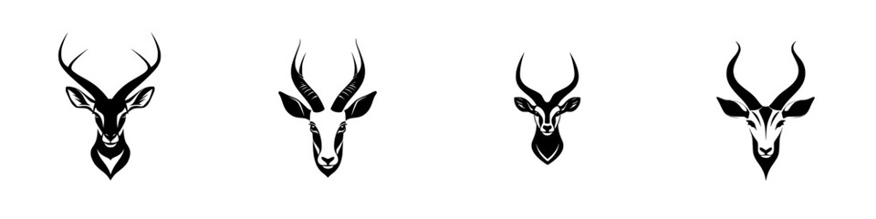 Black flat icon collection featuring antelope and deer heads with distinctive horn styles, suitable for design and illustration projects