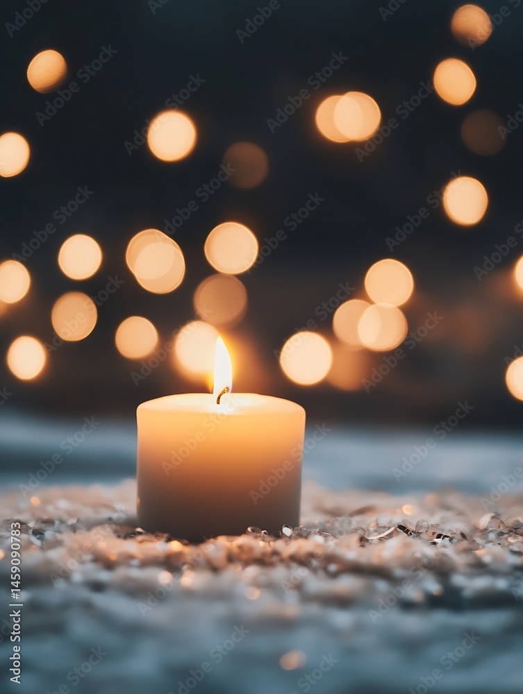 Aufkleber A single, lit candle rests on a bed of sparkling white crystals, softly illuminated by a bokeh of warm, golden lights in the background, creating a serene and peaceful ambiance. : Generative AI