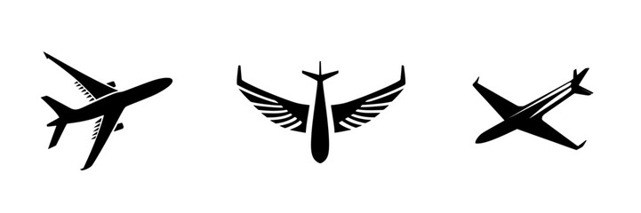 Collection of flat black airplane icons representing different flying designs and configurations