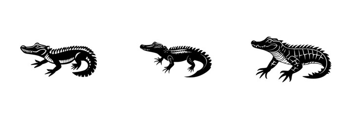 Stylized black icons of crocodiles depicted in various postures against a plain background