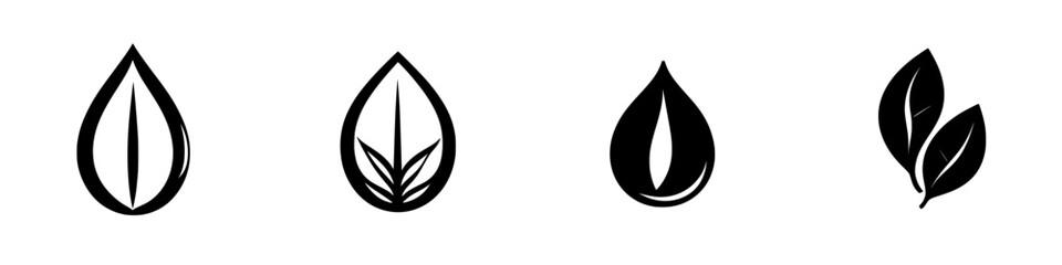 Collection of four flat black leaf icons representing nature, growth, and sustainability in a minimalist style