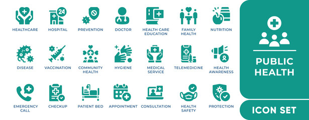 Public Health Icon Set. Features clean vector icons of healthcare, vaccination, hygiene, hospital, first aid, telemedicine, and health awareness. Ideal for medical, educational, and wellness projects.