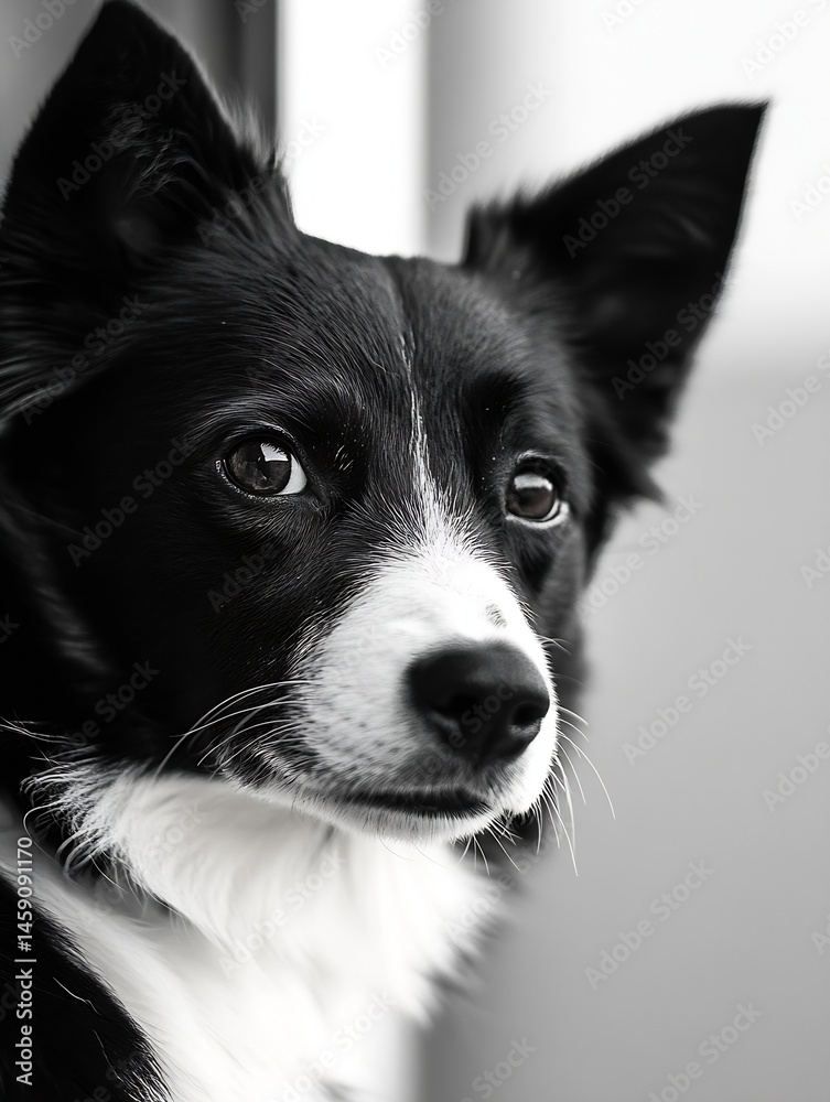 Poster close-up portrait of a black and white border collie dog, its expressive eyes and soft fur are highl