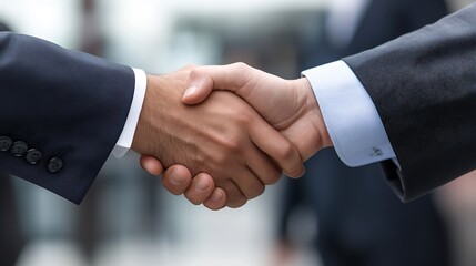 Close-up shot of two businessmen shaking hands, signifying a successful business deal or partnership agreement.  The image focuses on the detail of the handshake against a blurred offi : Generative AI
