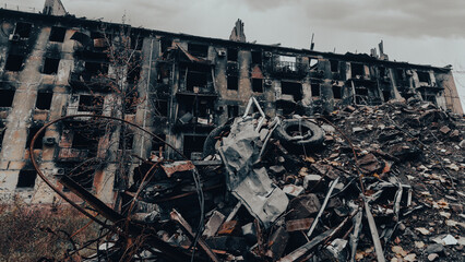 ruined street and destroyed houses in Ukraine