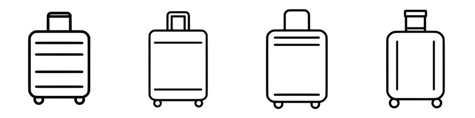 Collection of flat black luggage icons representing different suitcase designs and styles for travel and storage