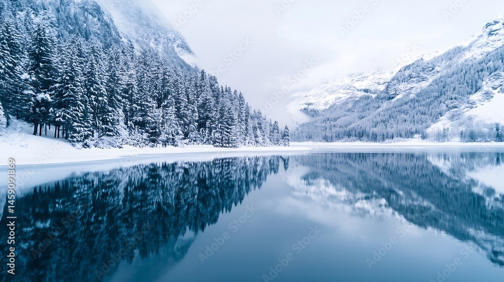 Poster Serene winter landscape: snow-covered pine trees reflected in a frozen alpine lake, creating a breathtaking mirror image against a misty mountain backdrop. : Generative AI