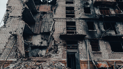 ruined street and destroyed houses in Ukraine