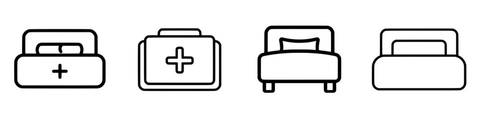 Flat black icons depicting various bed designs and a medical kit for bedroom and healthcare concepts
