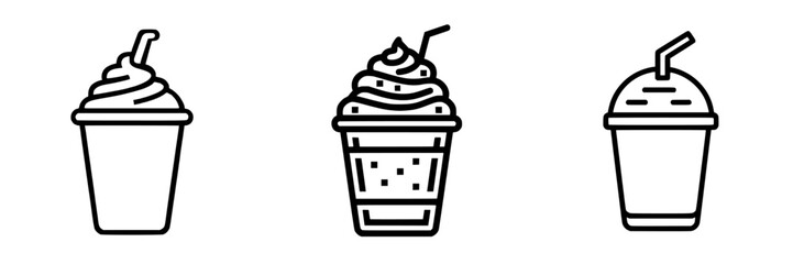 Variety of flat black icons depicting different styles of frozen beverages in minimalistic design for modern applications