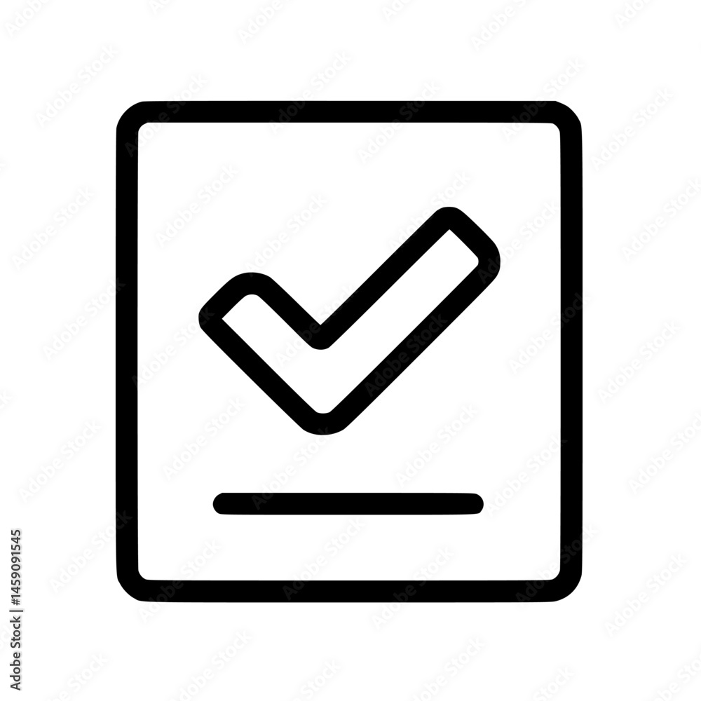 Poster flat black checkmark icon representing completion or verification on a simple square background