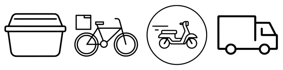 Flat black icons representing various transportation modes and a container suitable for delivery purposes