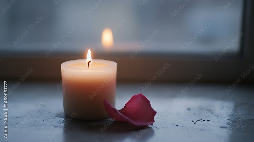 Poster a single burning candle sits on a windowsill, next to a fallen rose petal, creating a serene and pea