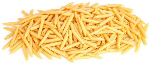 A large pile of dried mezze penne rigate pasta on a white background, mezze penne, dried pasta