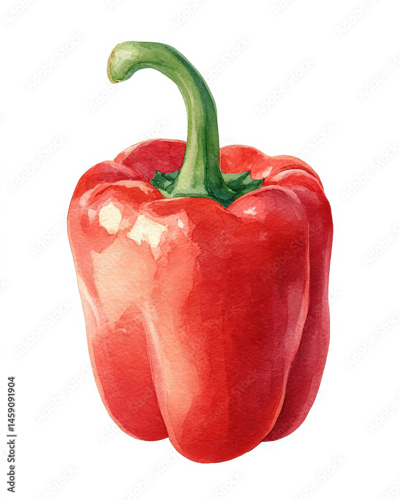Poster a single ripe red bell pepper meticulously rendered in watercolor showcases its vibrant color and sm