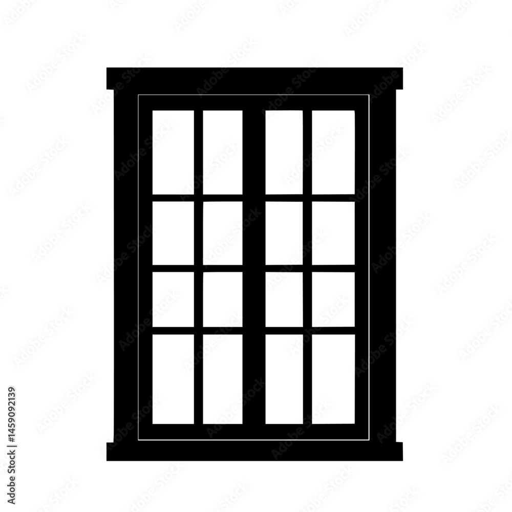 Poster flat black icon representing a window design featuring multiple panes in a rectangular shape suitabl