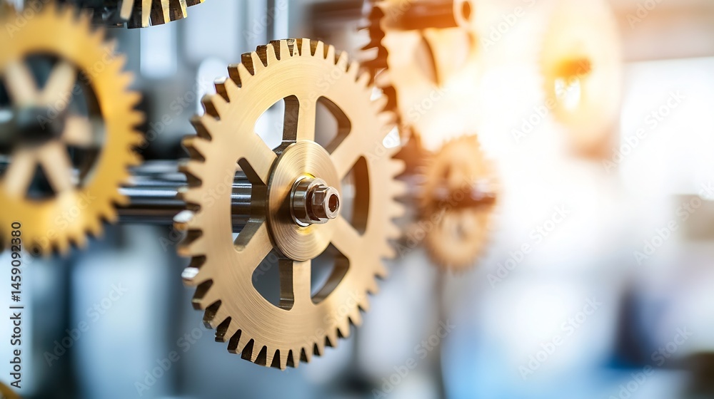 Poster Close-up of intricate golden gears intermeshing, showcasing precision engineering and mechanical complexity.  The image evokes themes of industry, technology, and seamless operation. : Generative AI