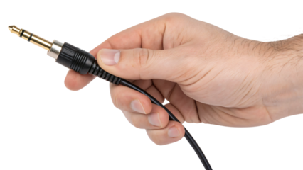 hand holding audio cable isolated