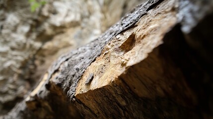 Close-up view of a weathered, aged tree trunk section, showing detailed texture and variations in wood color, from dark brown to light beige, with a small, dark knot visible. : Generative AI
