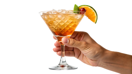 hand holding a glass of cocktail isolated
