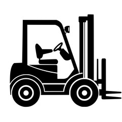 Flat black forklift icon representing material handling equipment commonly used in warehouses and construction sites - obrazy, fototapety, plakaty