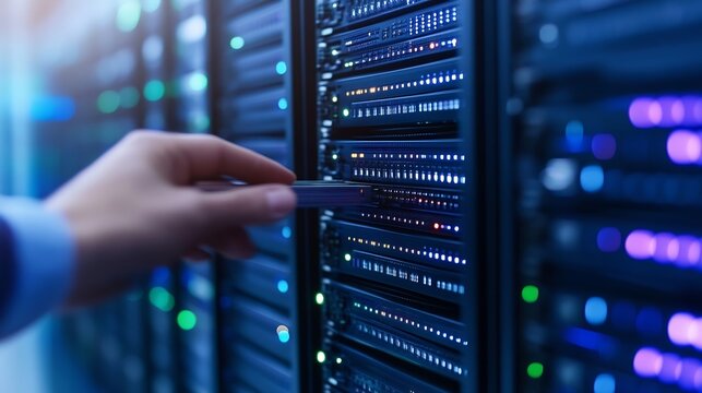 A hand carefully inserts a server hard drive into a rack of illuminated data center equipment, showcasing advanced technology and data management. : Generative AI