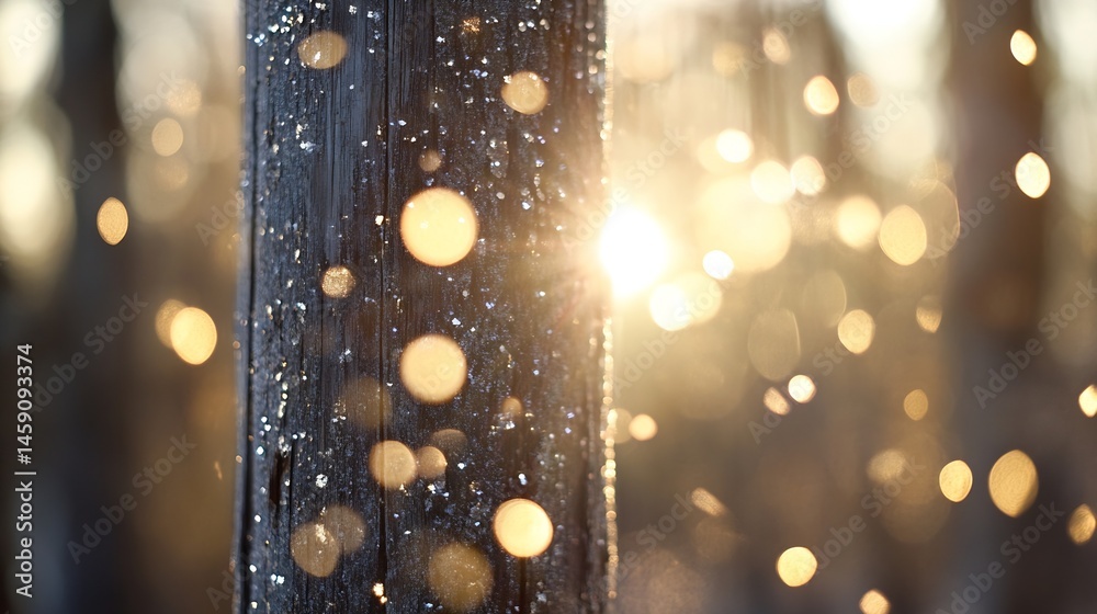 Poster sunlit winter scene featuring a close-up of a snow-covered wooden post, bokeh effect, and warm, gold