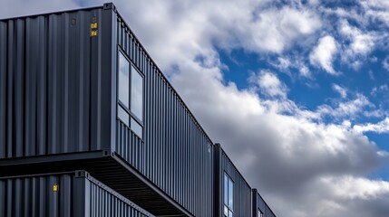 Modern architecture using stacked dark gray shipping containers against a partly cloudy blue sky, showcasing windows and structural details. : Generative AI