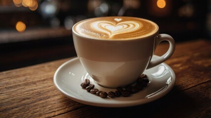 Fototapeta premium Warm Cappuccino Moments in Cozy Coffee Shop, Latte Art and Soft Lighting