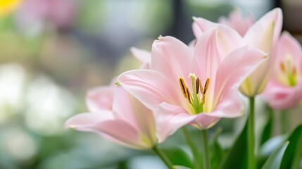 Fototapeta premium Close-up of delicate pink lilies, showcasing their soft petals and vibrant yellow stamens, set against a blurred green background. : Generative AI