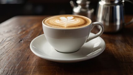 Fototapeta premium Warm Cappuccino Moments in Cozy Coffee Shop, Latte Art and Soft Lighting