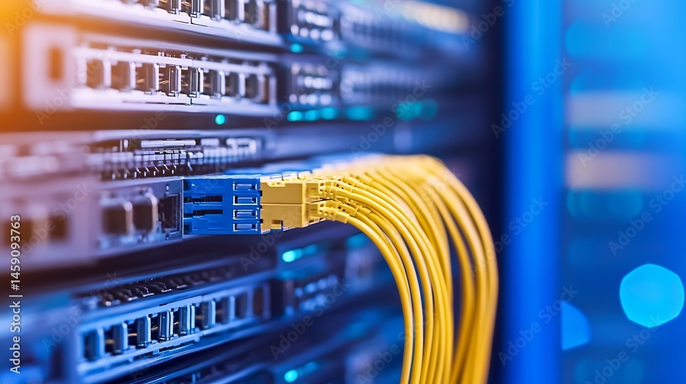 Leinwandbilder Close-up of fiber optic cables connected to a network server in a data center, showcasing technology and connectivity. : Generative AI
