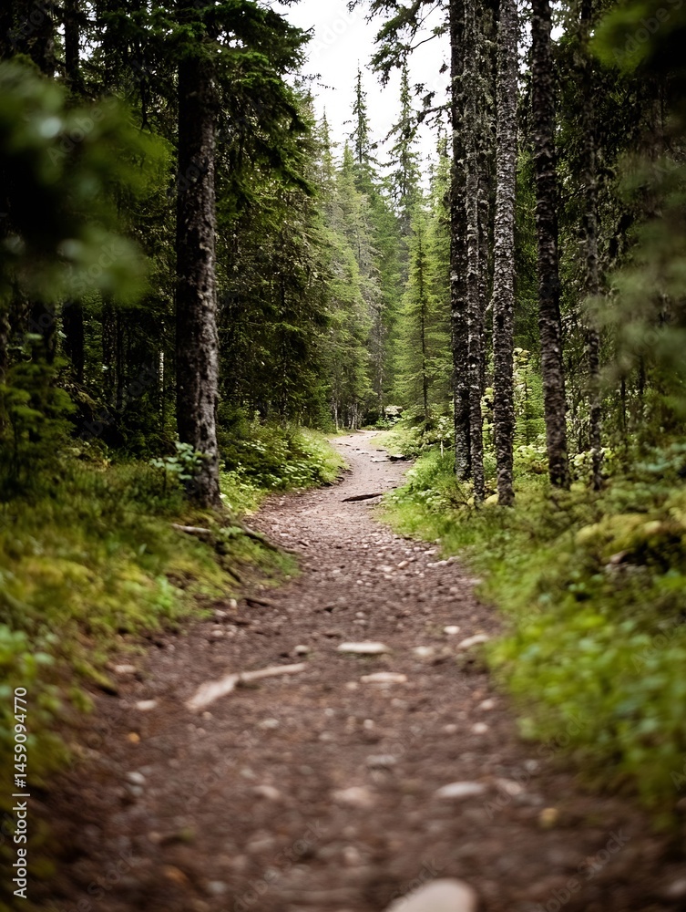 Poster A tranquil forest path winds through tall evergreen trees, sunlight dappling the ground, creating a serene and peaceful atmosphere. : Generative AI