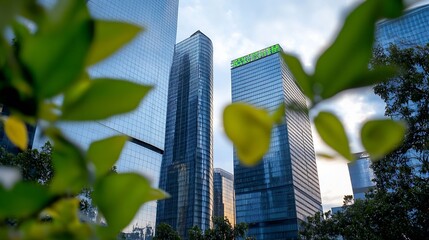 Modern skyscrapers viewed through lush green foliage, showcasing architectural design and urban nature integration. The image captures a vibrant contrast between the sleek glass buildi : Generative AI