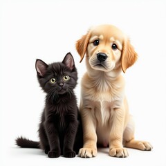 A black cat next to a yellow puppy or Yellow Labrador with a black cat