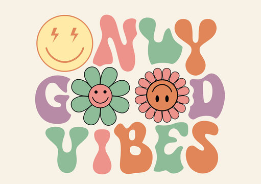 A cute clip art style logo inspired by retro hippie themes features flowers and smiley faces along with the text "GOOD VIBES". The design is rendered in pastel colors and consists of simple shapes, cr
