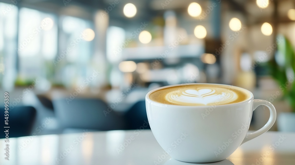 Poster a cup of latte art coffee sits on a table in a modern cafe, the background is blurred showing cafe i