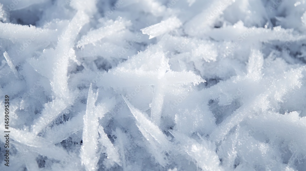 Poster Close-up view of glistening ice crystals, sharp shards, and frosty texture of snowpack, illuminated by sunlight, showcasing winter's cold beauty. : Generative AI