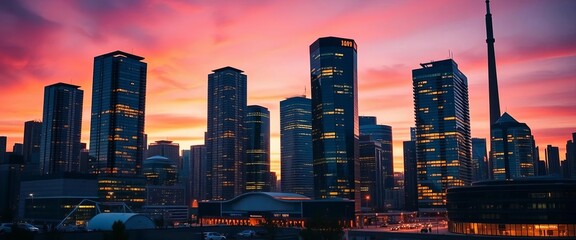Naklejka na ściany i meble Toronto's financial district skyscrapers at dusk, reflecting city lights, upward, Canada