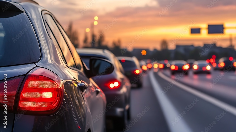 Poster close-up view of a dark gray car's taillight at sunset, with blurred traffic and a vibrant orange sk