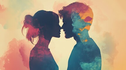 Couple silhouettes watercolor art