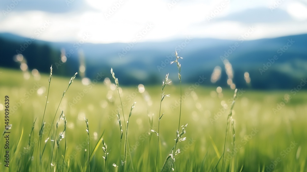 Aufkleber close-up view of tall grass blades in a sunlit field, with a softly blurred mountain range in the ba