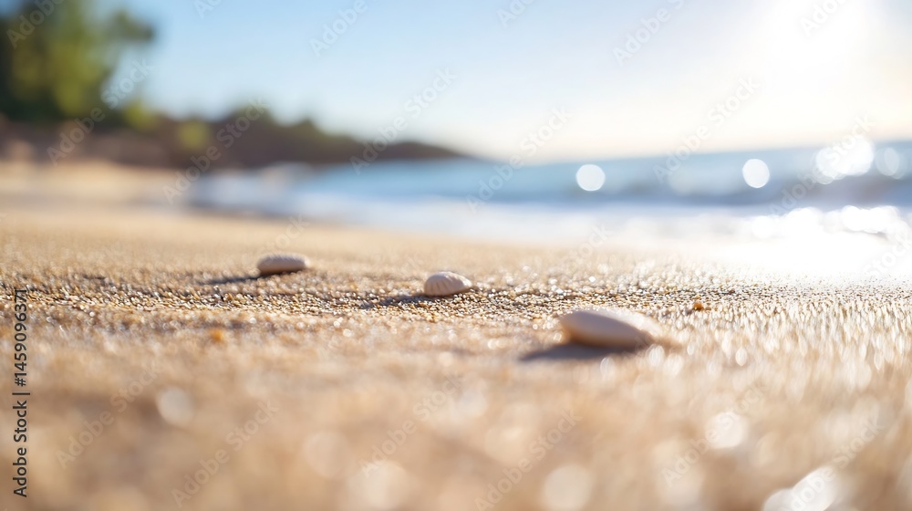 Poster Three small seashells rest on a sunlit beach, the ocean gently lapping in the background, creating a serene coastal scene. : Generative AI