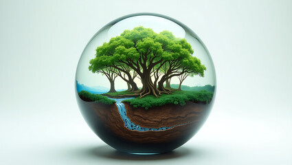 Clear glass orb with a cross-section view of a forest, underwater stream, and detailed soil structure