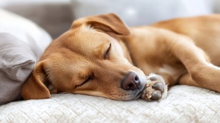 Obraz premium A light brown puppy dog peacefully sleeps on a soft, beige textured blanket, its paws tucked gently beneath its head. The dog's eyes are closed, showcasing a serene and restful moment : Generative AI