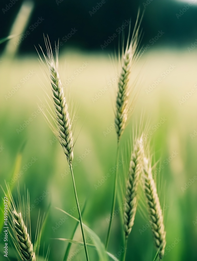 Poster Close-up view of several wheat stalks, gently swaying in a summer field, bathed in soft, green light.  The focus is sharp on the foreground stalks, creating a tranquil, natural scene. : Generative AI